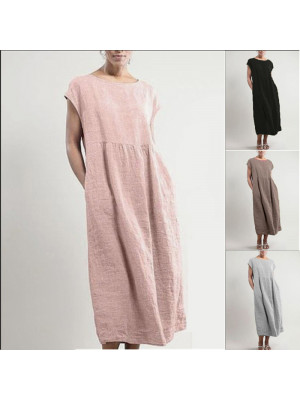 Womens Sleeveless Cotton Linen Long Dress Ladies Casual Pockets Sundress Summer