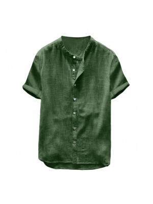 Men Short Sleeve Cotton Linen T-Shirts Button Crew Neck Tops Plain Blouse Tees