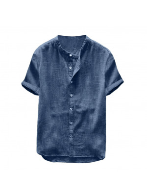Men Short Sleeve Cotton Linen T-Shirts Button Crew Neck Tops Plain Blouse Tees