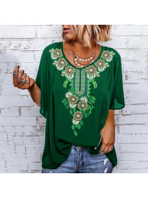 Ladies Floral Casual Tops Womens Crew Neck Boho Short Sleeve Tees Blouse Shirt