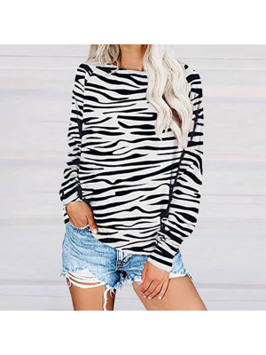Womens Zebra Striped Tops Casual Long Sleeve T Shirt Blouse Loose Jumpers Tee UK