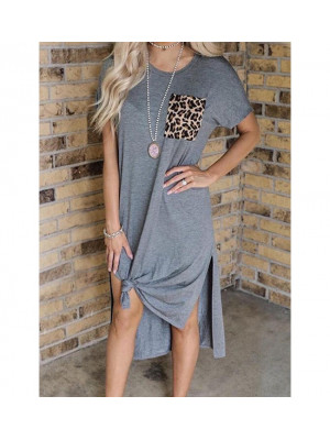 Womens Short Sleeve Tunic T-Shirt Split Dress Summer Leopard Pocket Maxi Dresses