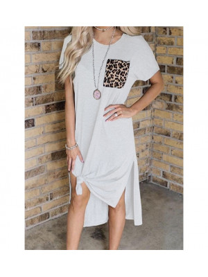 Womens Short Sleeve Tunic T-Shirt Split Dress Summer Leopard Pocket Maxi Dresses