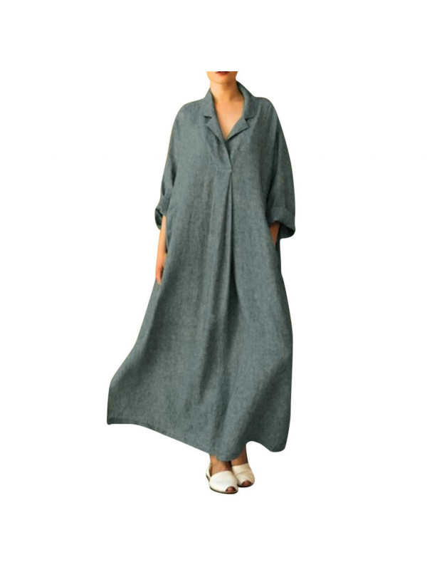 Boho Womens V Neck Cotton Linen 3/4 Sleeve Dress Ladies Kaftan Beach Long Dress
