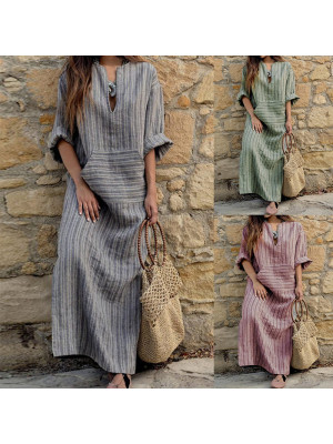 Summer Womens Cotton Linen Stripe Loose Dress Ladies Holiday Beach Maxi Sundress