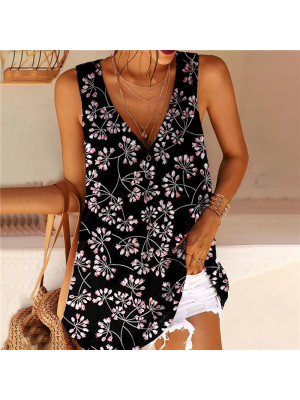 Womens Floral V Neck Pullover Sleeveless Vest Tops Ladies T Shirt Casual Blouse