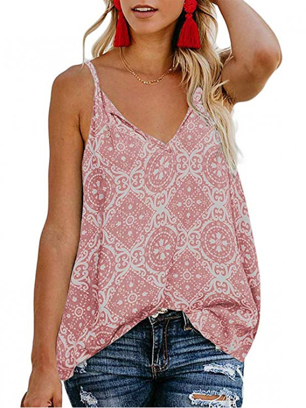 Womens Print V Neck Tank Top Ladies Summer Casual Loose Vest Sleeveless Camisole