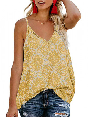 Womens Print V Neck Tank Top Ladies Summer Casual Loose Vest Sleeveless Camisole