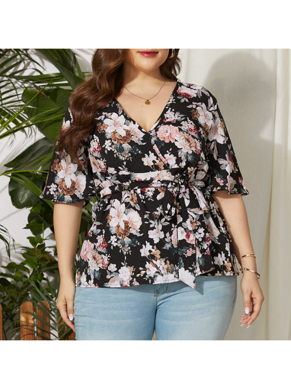 Womens Short Sleeve V Neck T Shirt Top Ladies Floral Chiffon Casual Loose Blouse