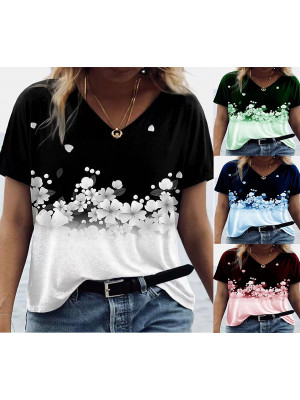 Womens V Neck Summer Tee Tops Ladies Print Casual Loose Pullover T-Shirt Blouse