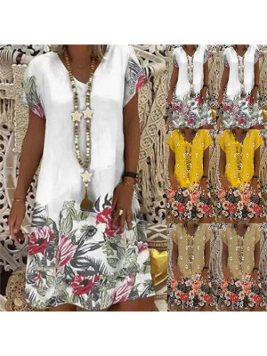 Womens Casual Boho Flower Sundress V Neck Swing Short Sleeve Loose Mini Dress