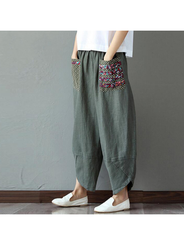 Women Cotton Linen Pants Pockets Elastic Waist Bottoms Casual Trousers Plus Size