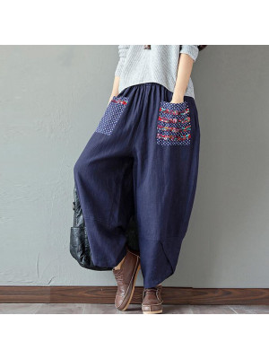 Women Cotton Linen Pants Pockets Elastic Waist Bottoms Casual Trousers Plus Size