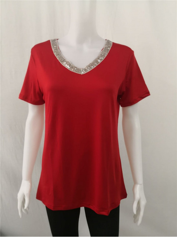 Womens Sequins V-neck T Shirt Casual  Blouse Ladies Short Sleeve Basic Tee Tops