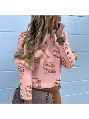 Ladies Vintage Letter Round Neck Blouse Womens Long Sleeve Buttons T Shirt Tops