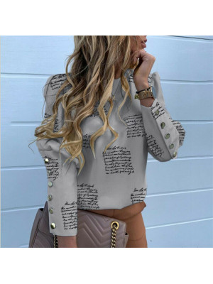 Ladies Vintage Letter Round Neck Blouse Womens Long Sleeve Buttons T Shirt Tops