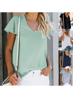 Womens Plain Short Sleeve V Neck Blouse Ladies Casual T Shirt Loose Tops Summer