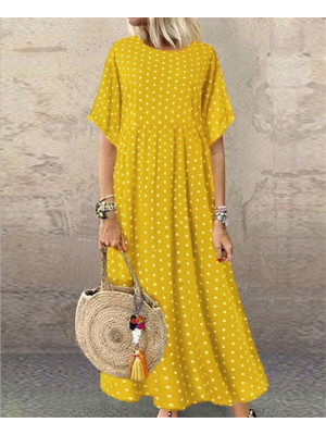 Ladies Short Sleeve Polka Dot Long Dress Womens Loose Kaftan Maxi Dress Sundress