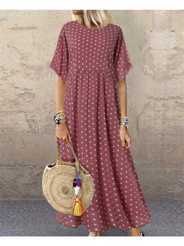 Ladies Short Sleeve Polka Dot Long Dress Womens Loose Kaftan Maxi Dress Sundress