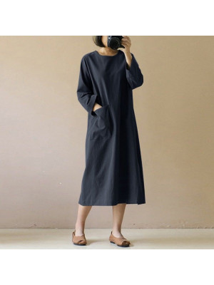 Ladies Kaftan Loose Maxi Long Sleeve Casual Baggy Women Cotton Linen Beach Dress