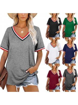 Womens V Neck Short Sleeve Shirt Blouse Ladies Loose Summer Striped Tops Tee UK