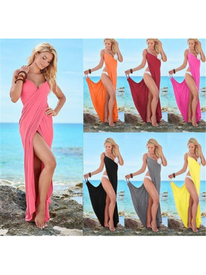 Women Fashion Plain Maxi Dress Plus Size Ladies V Neck Beach Holiday Sundress