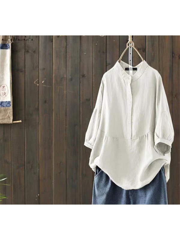 Summer Women Cotton Linen Blouse Tops Ladies Baggy Long Sleeve T-Shirt Plus Size