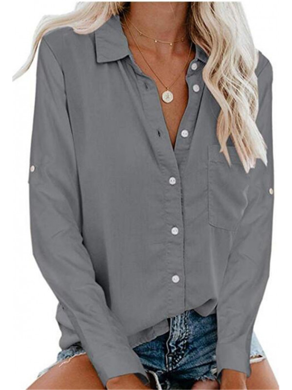 Ladies Plain Blouse Lapel pocket Tops Womens Baggy Long Sleeve T-Shirt Summer 
