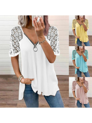 Women V-Neck Lace Zipper Tops T-Shirt Ladies Casual Solid Basic Tee Blouse Tunic