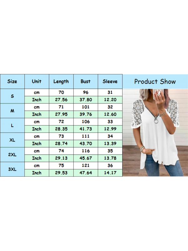 Women V-Neck Lace Zipper Tops T-Shirt Ladies Casual Solid Basic Tee Blouse Tunic