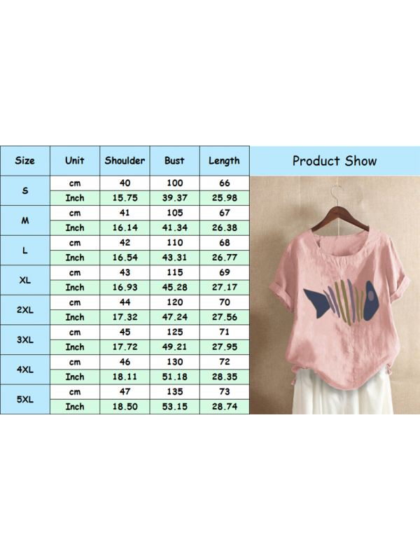 Women Short Sleeve Print Tops Cotton Linen T-Shirt Ladies Baggy Blouse Plus Size