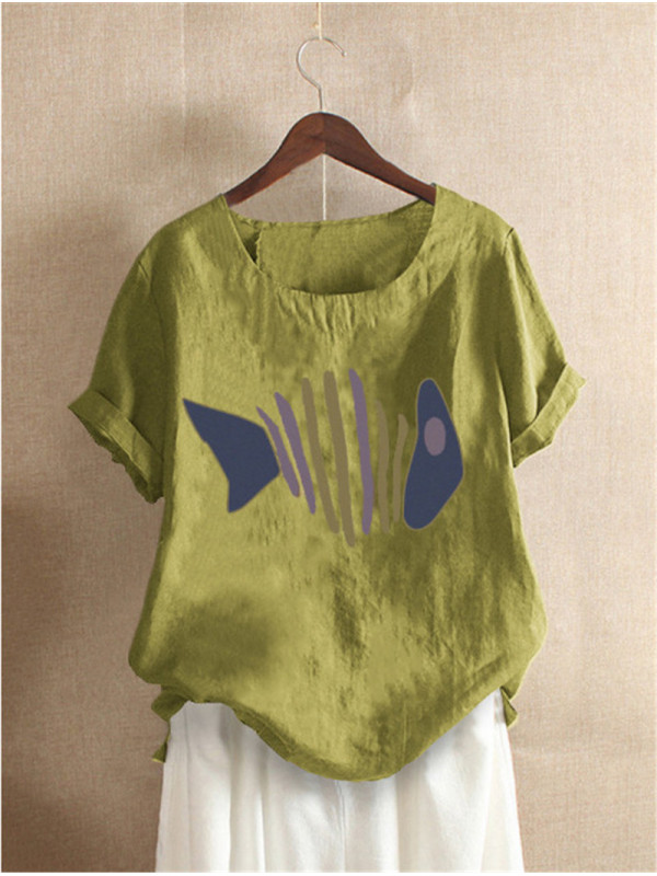 Women Short Sleeve Print Tops Cotton Linen T-Shirt Ladies Baggy Blouse Plus Size