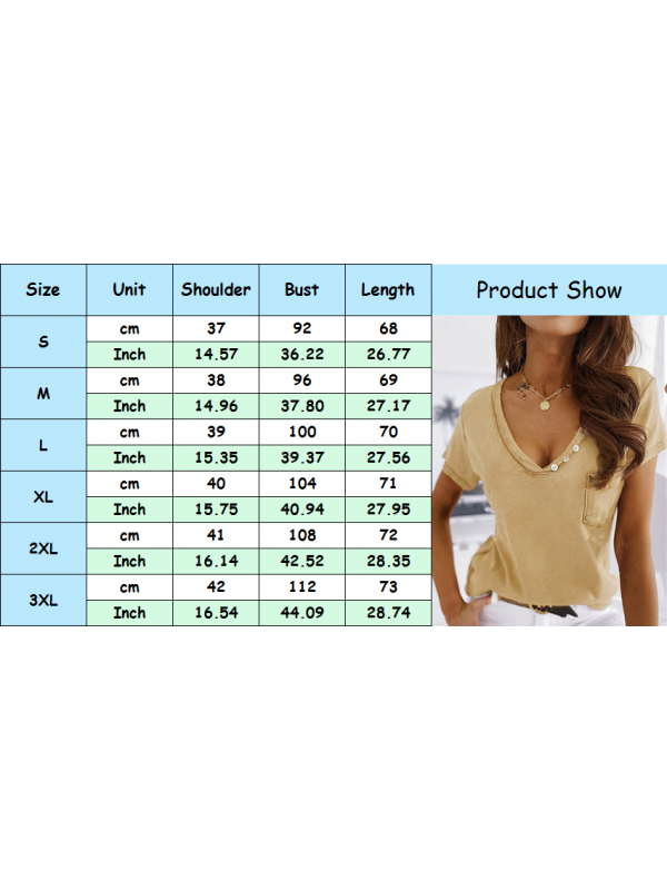 Womens Short Sleeve Tops V Neck Buttons T-Shirt Ladies Baggy Blouse Pockets Tee