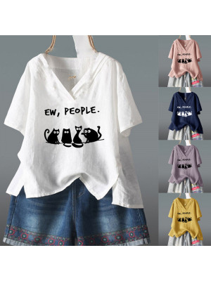 Plus Size Womens Short Sleeve Cat Prints Tops V Neck T-Shirt Ladies Baggy Blouse