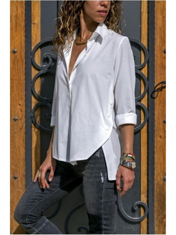Womens Summer Long Sleeve Tops Ladies Plain Loose T-shirt Split Blouse Plus Size