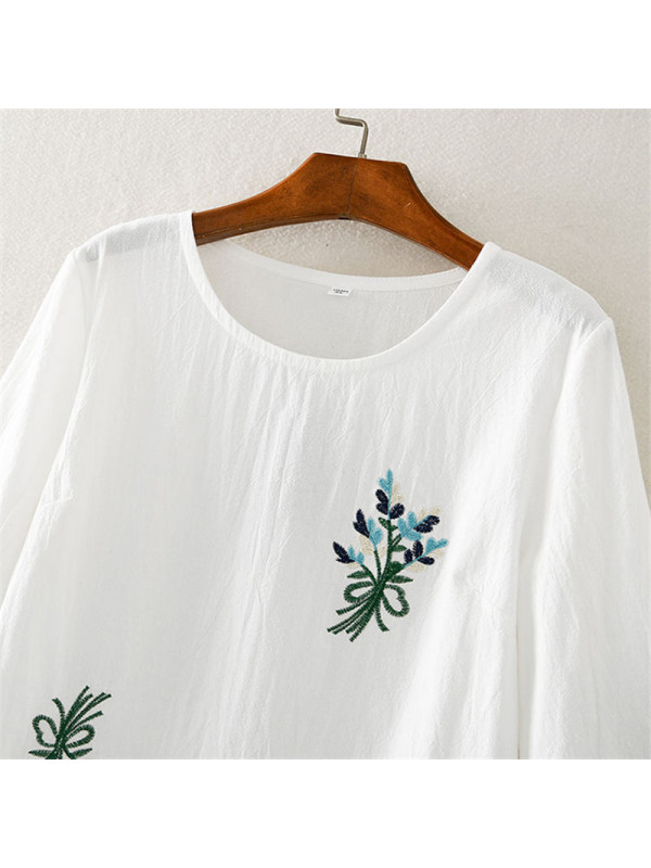 Womens Cotton Linen Floral Blouse Tops Ladies Baggy 3/4 Sleeve Casual T-Shirt