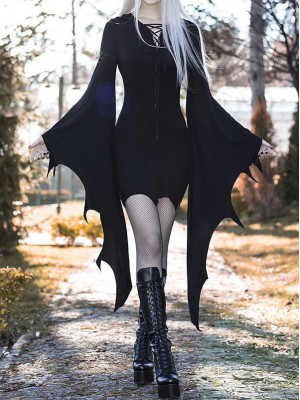 Adult Ladies Classic Black Witch Fancy Bat Sleeve Straps Halloween Costume Dress