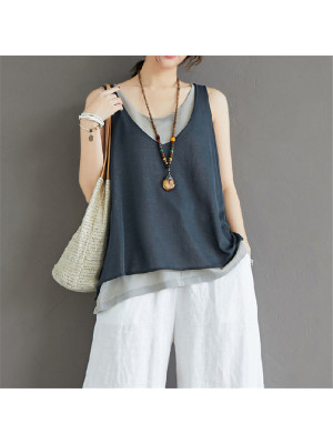 Ladies Sleeveless Round Neck Tank Tops Womens Casual Fake Two Summer Vest Shirts