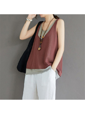 Ladies Sleeveless Round Neck Tank Tops Womens Casual Fake Two Summer Vest Shirts