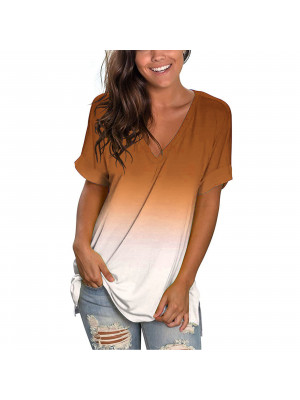 Womens Loose T-Shirts Ladies Gradient Tunic V-Neck Casual Tops Blouse Plus Size