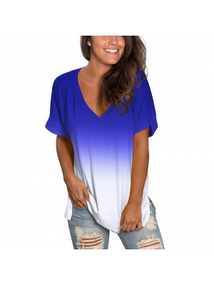 Womens Loose T-Shirts Ladies Gradient Tunic V-Neck Casual Tops Blouse Plus Size