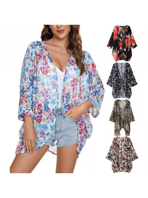 Womens Floral Cardigan Ladies 3/4 Sleeve Kimono Summer Cover Up Tops Beach Coat