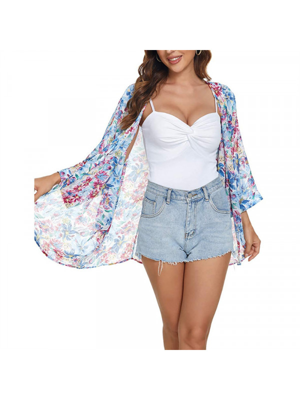 Womens Floral Cardigan Ladies 3/4 Sleeve Kimono Summer Cover Up Tops Beach Coat