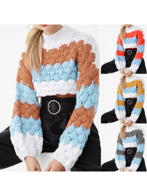Women Long Sleeve Top Stripe Knitted Sweater Lady Pullover Jumpers Winter Blouse