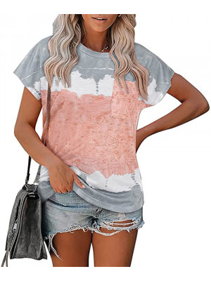 Ladies Printed Short Sleeve Casual T-shirt Loose Summer Beach Pocket Blouse Tops