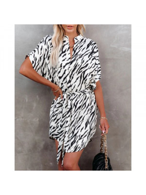 Women Short Sleeve Sundress Ladies Zebra Print Belted Irregular Loose Midi Dress