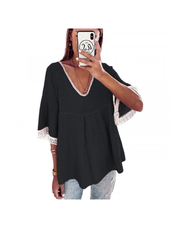 Ladies V-Neck Lace Stitching Tops Summer Casual Solid Half Sleeve T-shirt Blouse