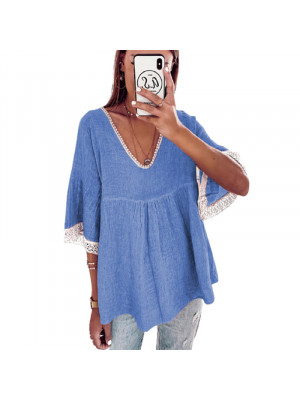 Ladies V-Neck Lace Stitching Tops Summer Casual Solid Half Sleeve T-shirt Blouse