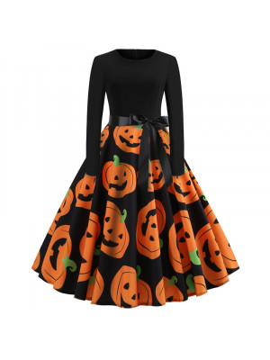 Women Long Sleeve Halloween Print Mid-Length Skirt Ladies Vintage Belted Dress
