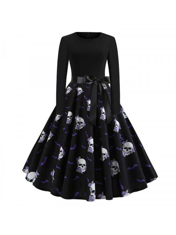 Women Long Sleeve Halloween Print Mid-Length Skirt Ladies Vintage Belted Dress